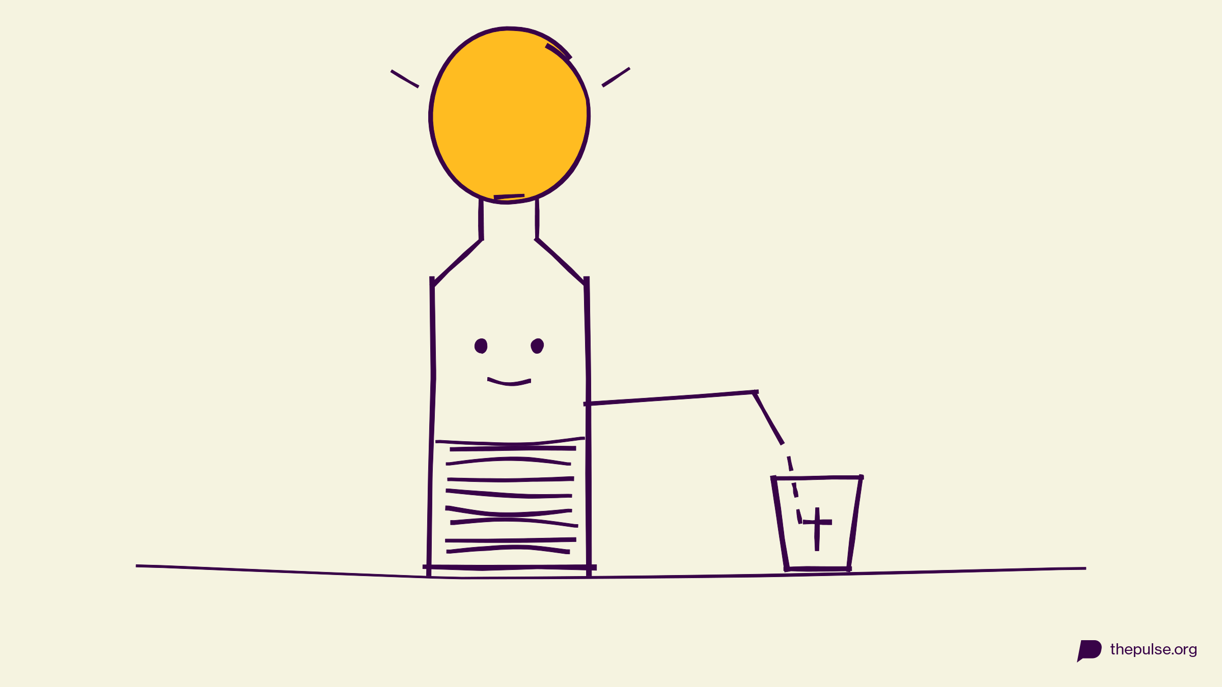 Illustration: Der gelbe Ballon drückt das dunkle Gekritzel aus der Flasche durch den Strohhalm in den Becher mit Kreuz