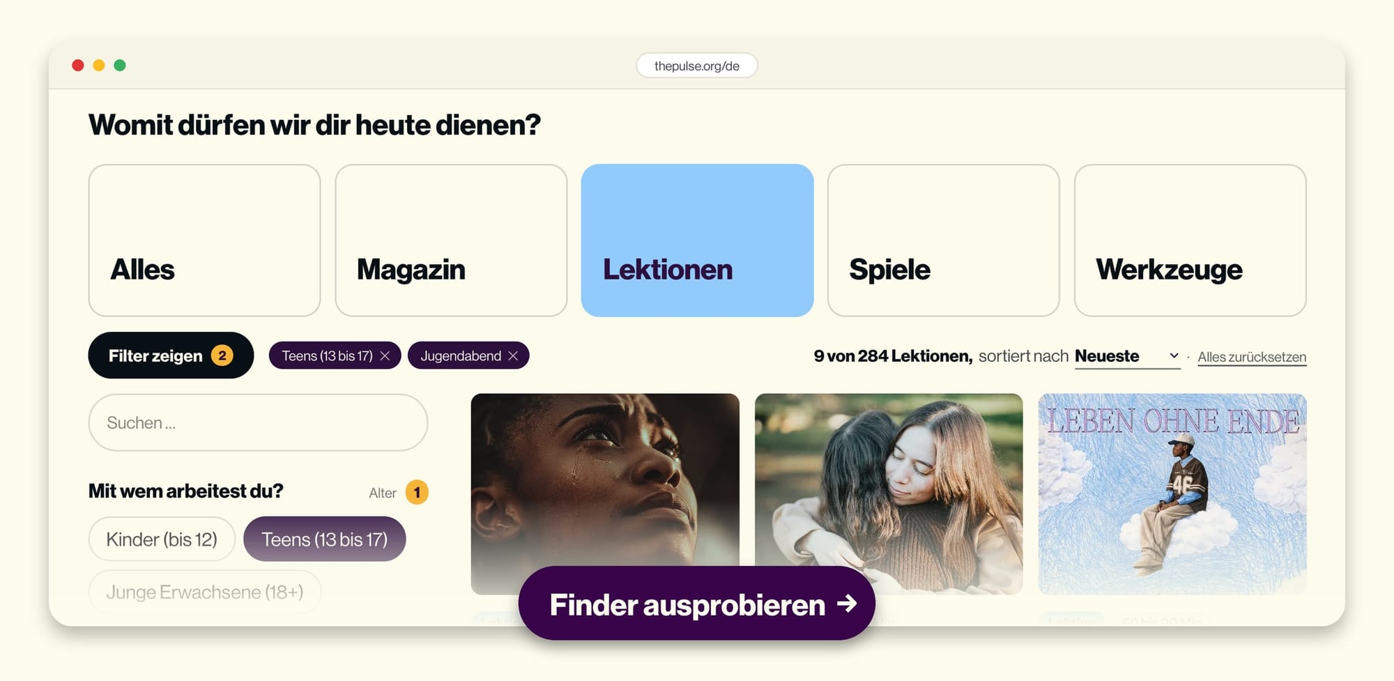Der Pulse-Finder: Womit dürfen wir dir heute dienen? Button »Finder ausprobieren«