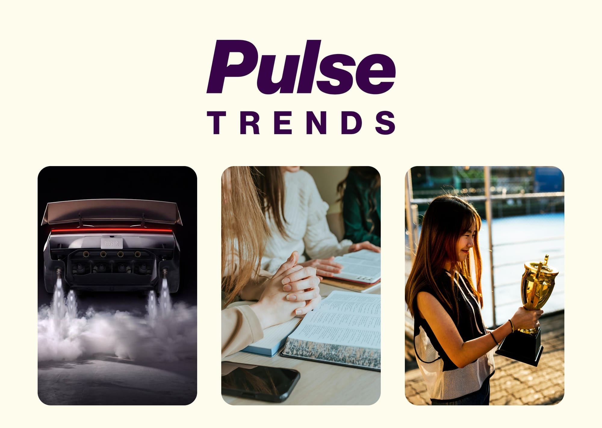 Pulse Trends: Teslas fliegender Roadster, ein Bibelkreis am Tisch, eine Jugendliche mit Pokal