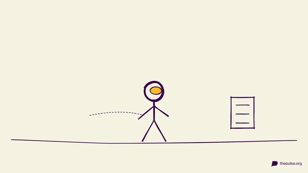 Handgezeichnete Illustration: Crew-Mitglied mit gelbem Visier schleicht zur Aufgabenliste