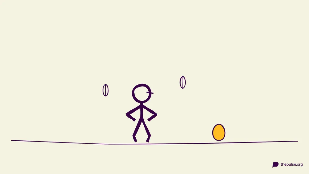 Handgezeichnete Illustration: Figur watschelt wie ein Huhn mit Osterei, Federn fliegen