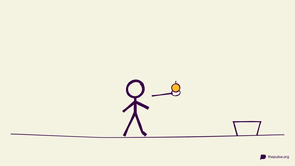 Handgezeichnete Illustration: Läufer balanciert gelbe Weihnachtskugel auf dem Löffel zum Korb