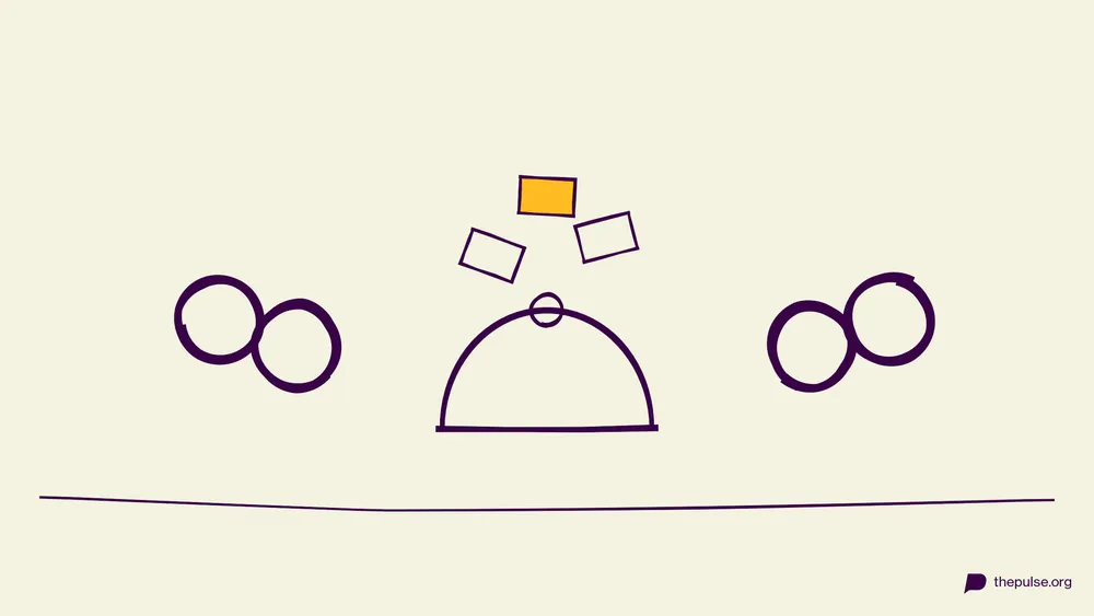 Illustration: Zettel fliegen aus der Mütze, einer gelb, zwei Teams
