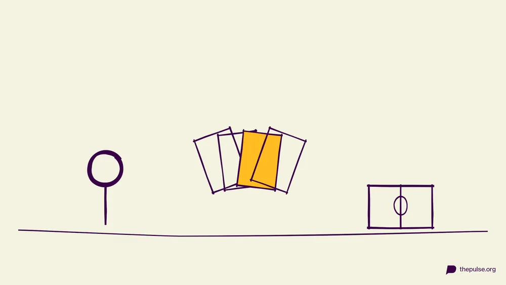 Handgezeichnete Illustration: Kartenfächer mit gelber Karte und aufgeschlagener Bibel
