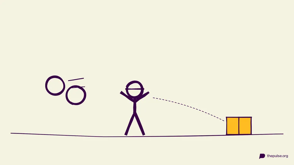 Handgezeichnete Illustration: Blinder Sucher wird per Zuruf zum gelben Geschenk gelotst