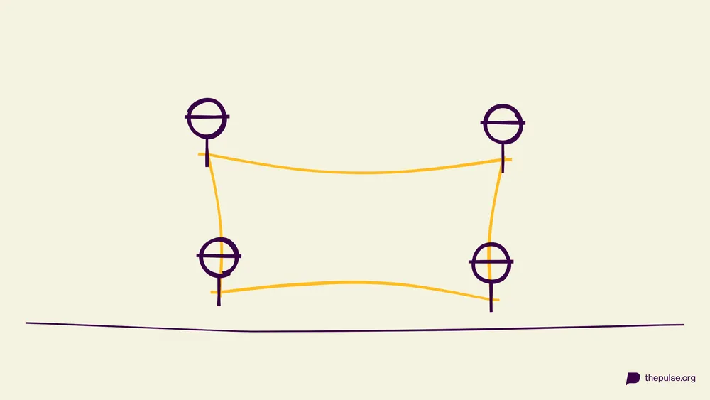 Handgezeichnete Illustration: Vier Figuren mit Augenbinde formen ein gelbes Seil-Quadrat