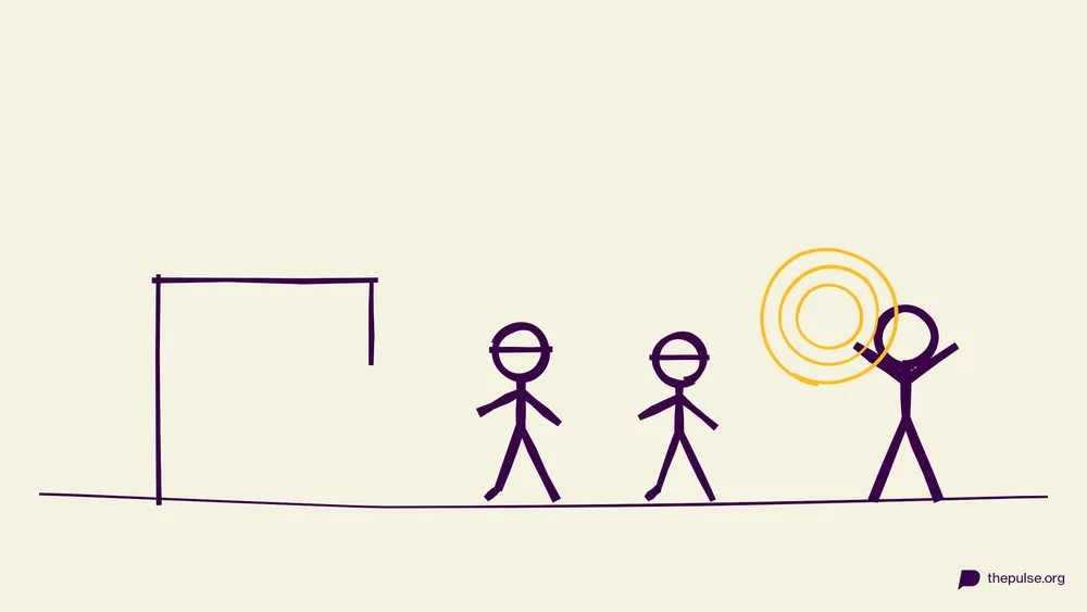 Handgezeichnete Illustration: Hirte lenkt Schafe mit Augenbinde per Geräusch in den Stall