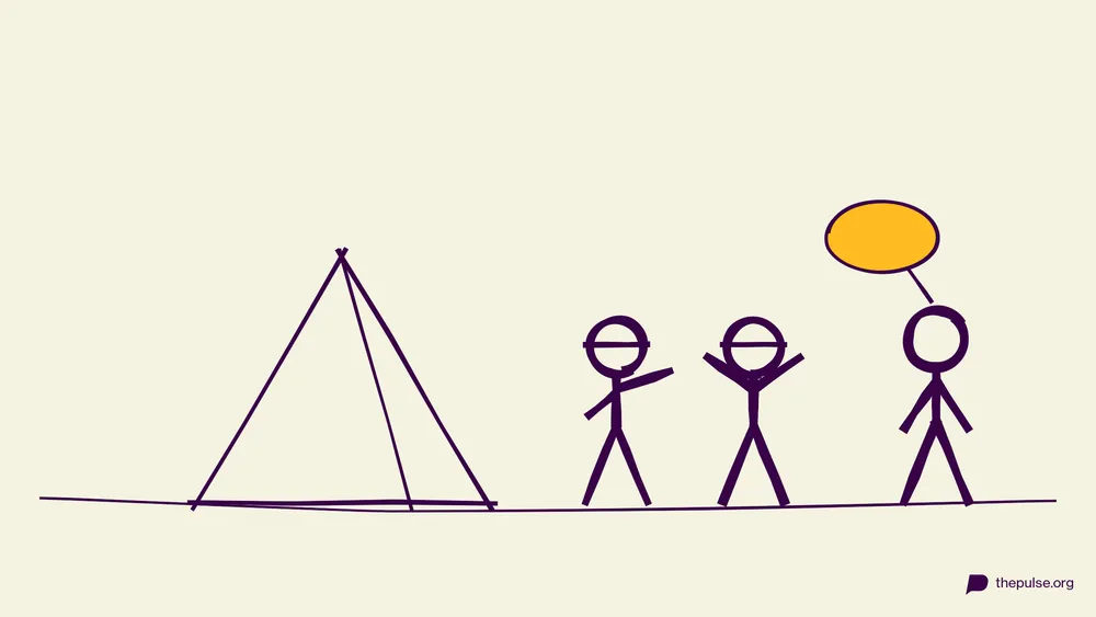 Handgezeichnete Illustration: Figuren mit Augenbinde bauen ein Zelt auf, eine Person gibt Anweisungen