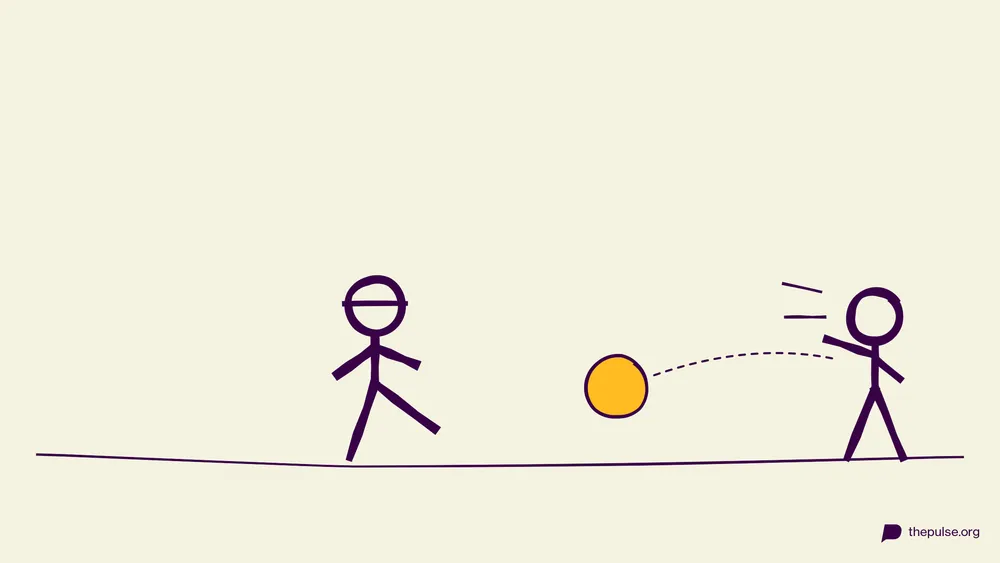Handgezeichnete Illustration: Figur mit Augenbinde kickt einen gelben Ball, Partner ruft die Richtung