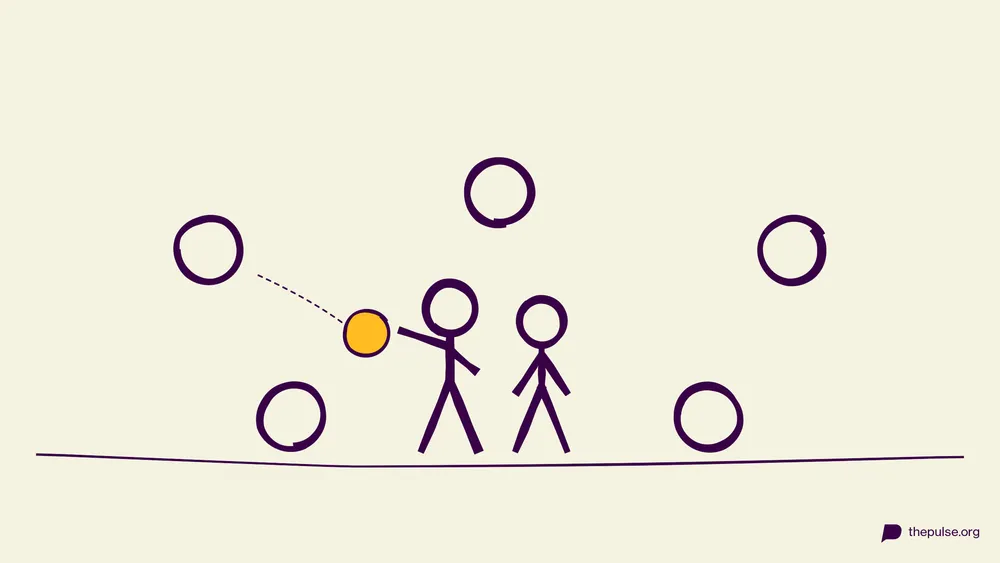 Handgezeichnete Illustration: Der Bodyguard wirft sich in den gelben Ball, um den Hilflosen zu schützen