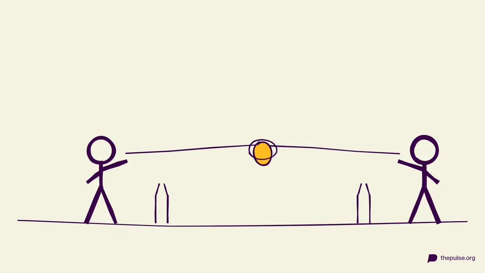 Handgezeichnete Illustration: Zwei Spieler tragen das gelbe Ei mit der Schnur-Schlinge von Flasche zu Flasche