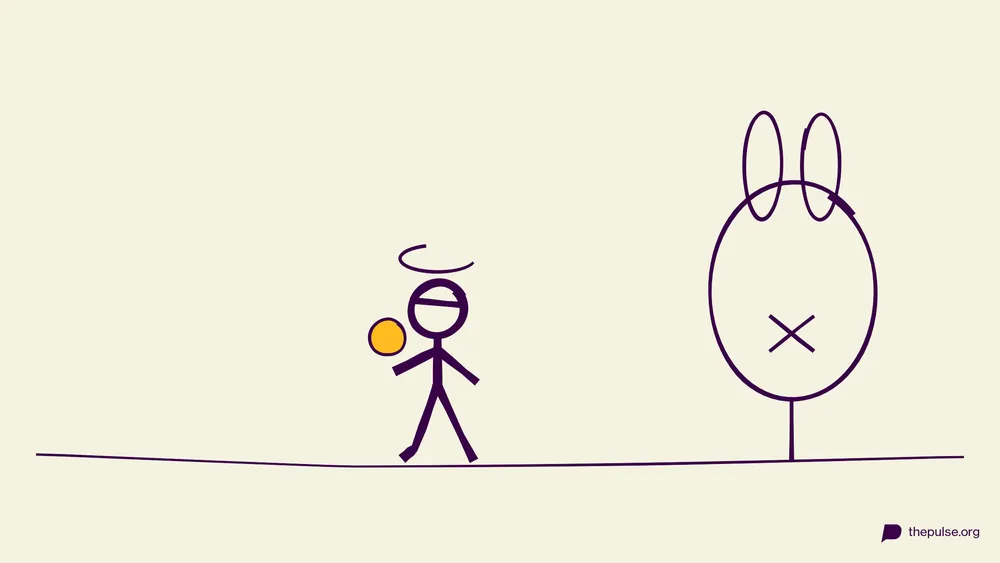 Illustration: Blinde Figur mit gelbem Bommel vor dem Papphasen
