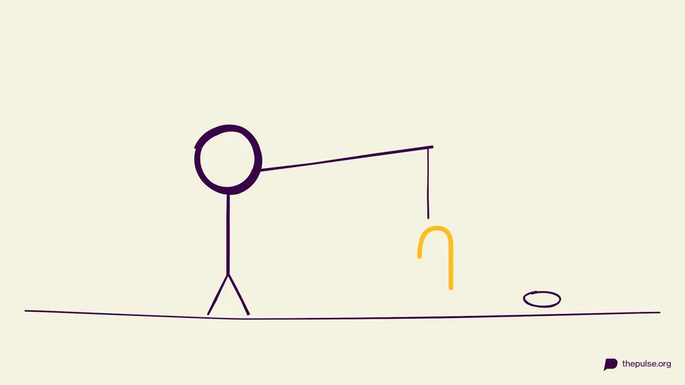 Handgezeichnete Illustration: Mit der Angel im Mund die gelbe Zuckerstange aufsammeln