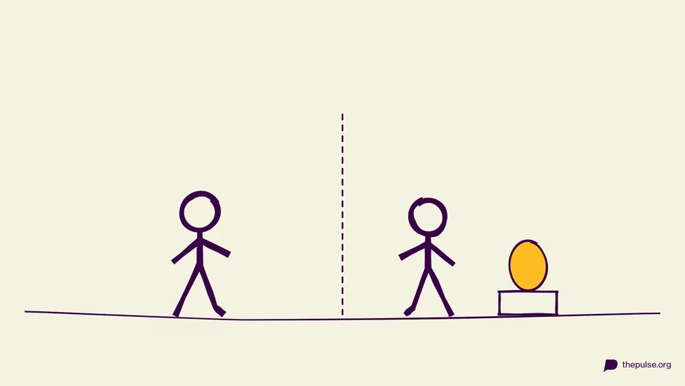 Handgezeichnete Illustration: Läufer jagen über die Mittellinie zum gelben Rieseneei