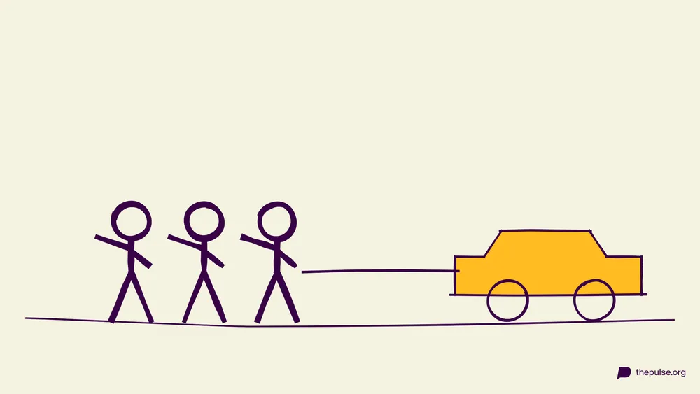 Handgezeichnete Illustration: Team zieht ein gelbes Auto an einem Seil