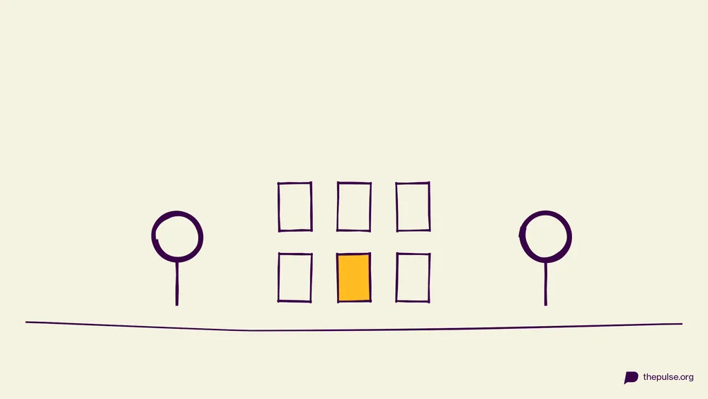 Handgezeichnete Illustration: 2×3-Kartenraster mit gelber Karte, zwei Spieler