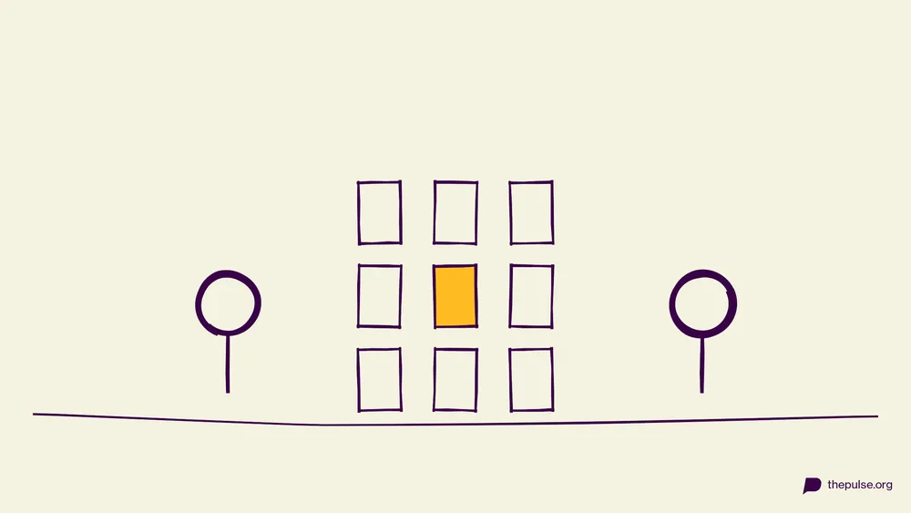 Handgezeichnete Illustration: 3×3-Kartenraster mit gelber Karte in der Mitte
