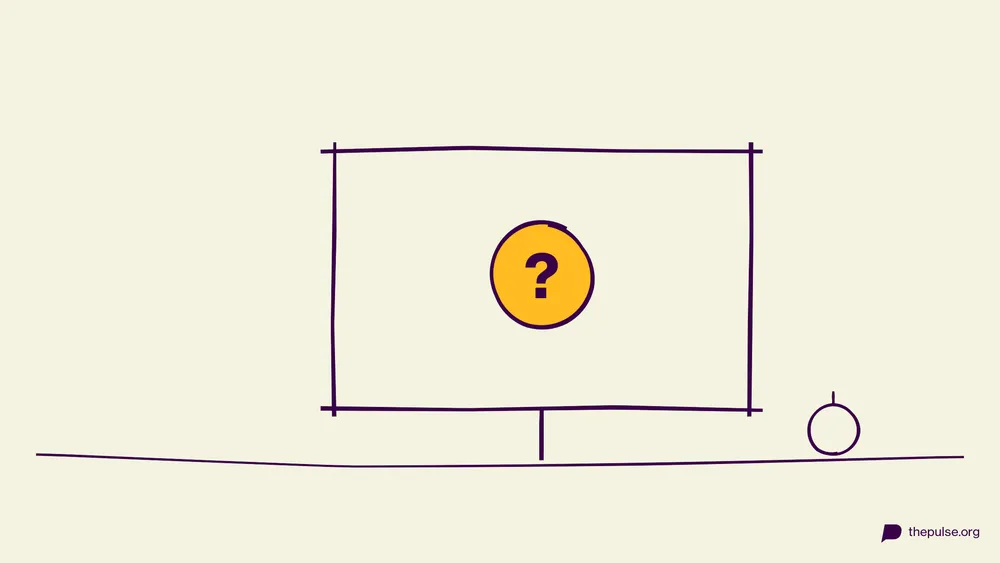 Handgezeichnete Illustration: Quiz-Bildschirm mit gelbem Fragezeichen und Weihnachtskugel