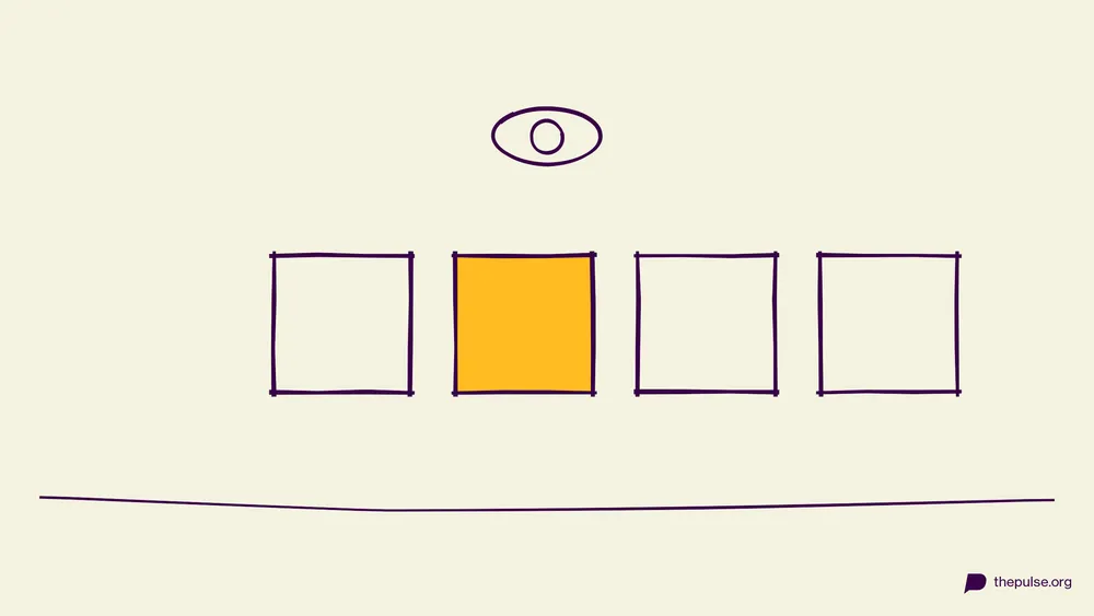 Handgezeichnete Illustration: Vier Rahmen, das Auge sucht den gelben