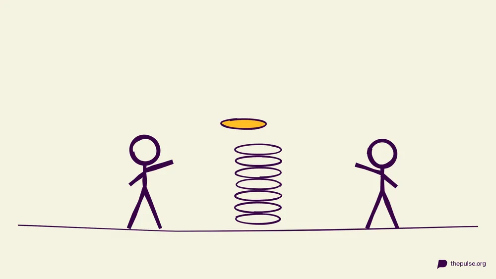 Handgezeichnete Illustration: Team stapelt einen Keksturm, die gelbe Scheibe kommt obendrauf
