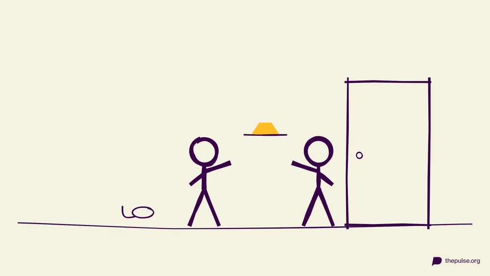 Handgezeichnete Illustration: An der Haustür wird ein gelber Hut fürs Team-Kostüm überreicht