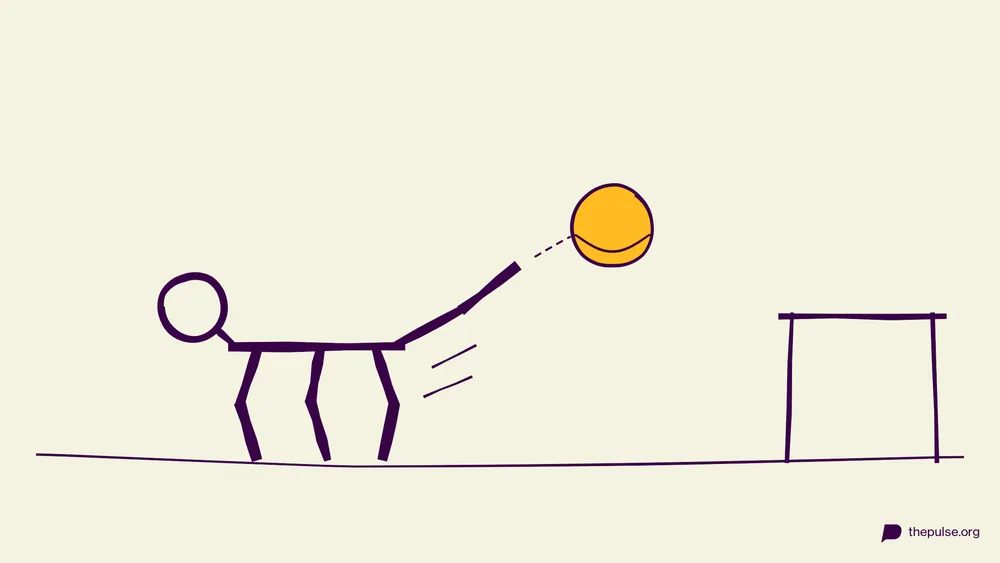 Illustration: Figur auf allen Vieren kickt einen Ball ins Tisch-Tor