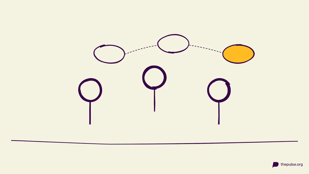 Handgezeichnete Illustration: Sprechblasen-Kette im Kreis, die gelbe Blase setzt die Geschichte fort