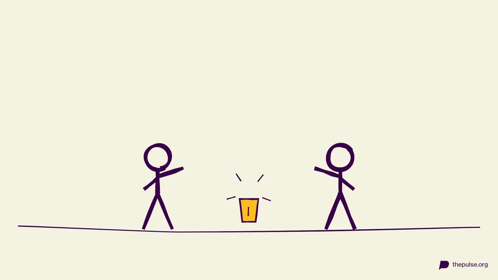Illustration: Zwei Figuren hechten zum gelben Becher