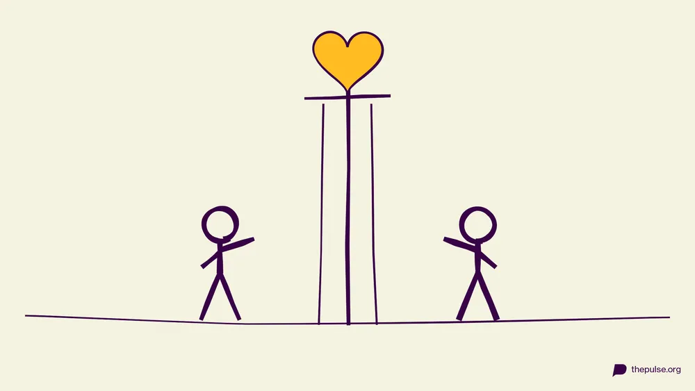 Illustration: Zwei Figuren an einem Vorhang, darüber ein Herz