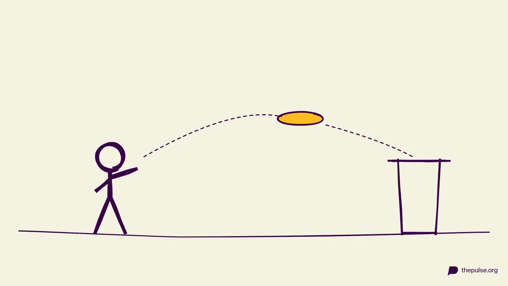 Illustration: Gelbe Scheibe fliegt in den Mülleimer