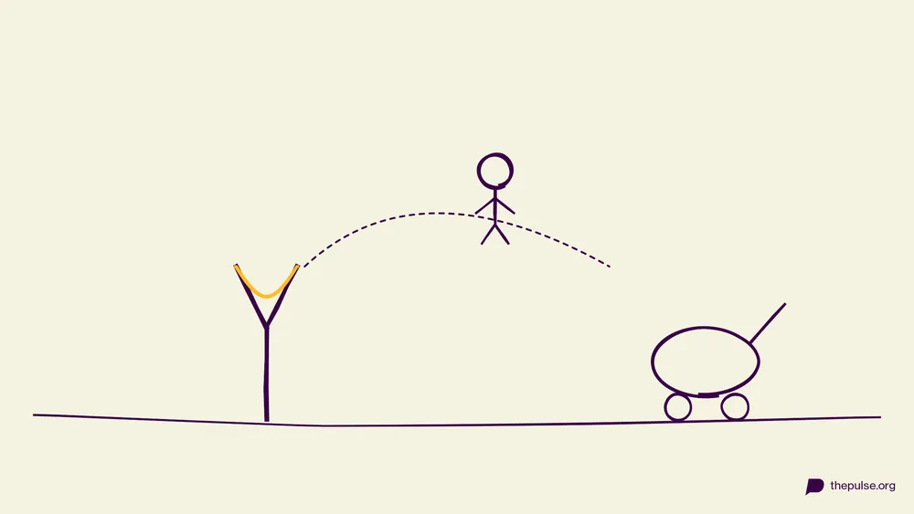 Handgezeichnete Illustration: Die Puppe fliegt per Schleuder Richtung Kinderwagen