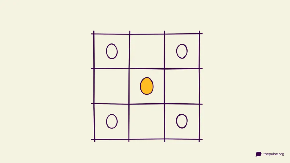 Handgezeichnete Illustration: Bingo-Raster mit Ostereiern, in der Mitte ein gelbes Ei