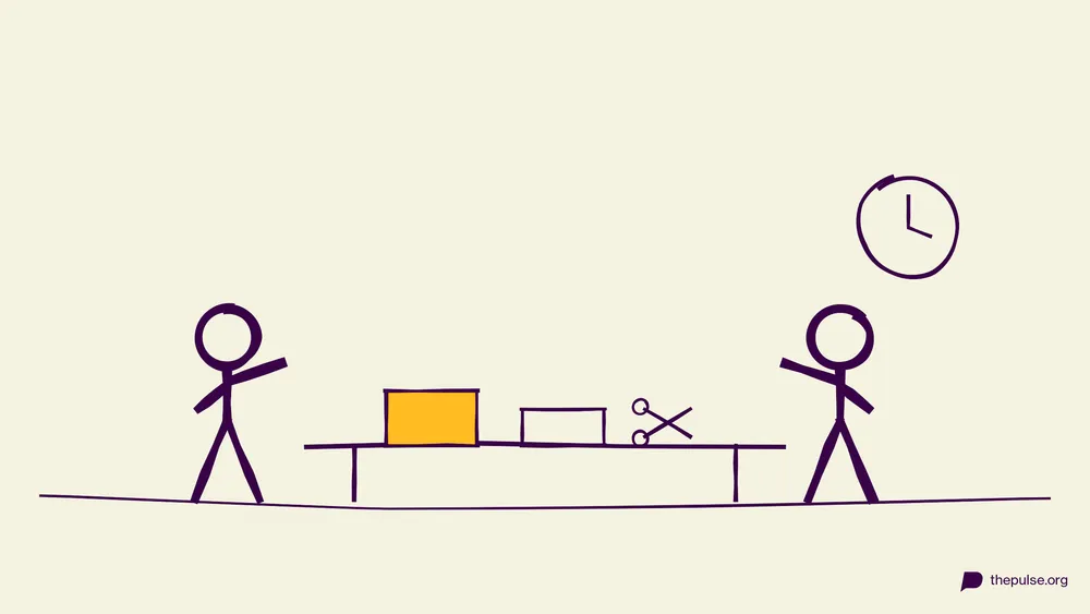 Handgezeichnete Illustration: Basteltisch mit gelber Schachtel, Schere und tickender Uhr