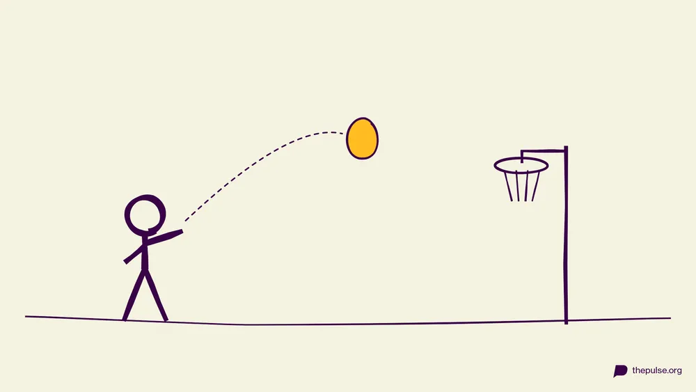 Illustration: Gelbes Osterei fliegt in den Mini-Basketballkorb
