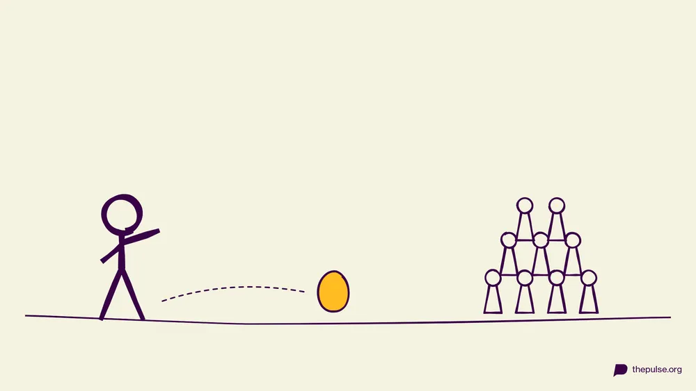 Illustration: Gelbes Osterei eiert auf die Bowling-Kegel zu