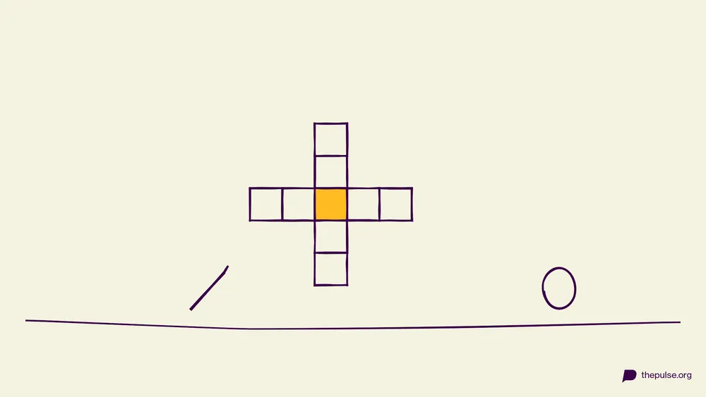 Handgezeichnete Illustration: Kreuzworträtsel-Gitter mit gelbem Feld und Osterei