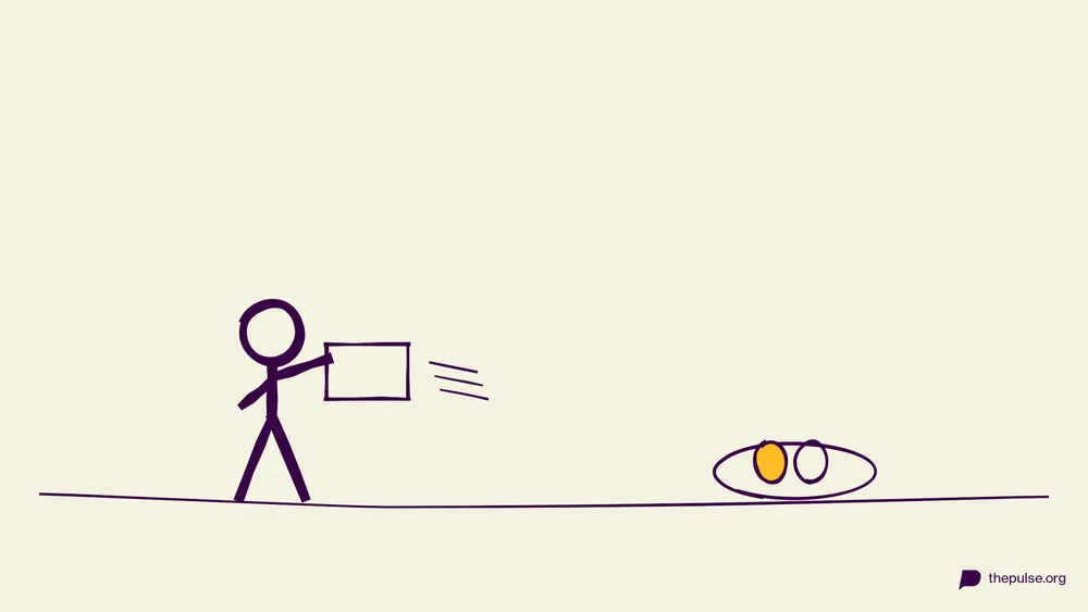Handgezeichnete Illustration: Mit dem Pizzakarton zwei Ostereier ins Ziel fächeln