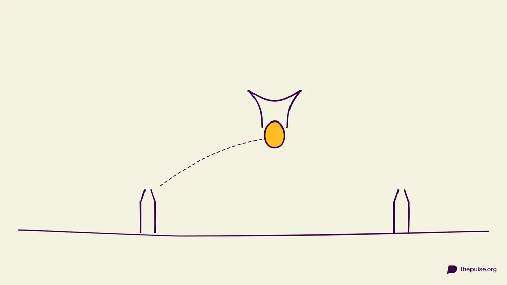 Handgezeichnete Illustration: Ein Osterei wird mit einer Schnur-Schlaufe zwischen zwei Flaschen transportiert