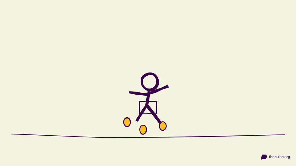 Handgezeichnete Illustration: Hüpfende Figur schüttelt gelbe Eier aus der Box an der Taille