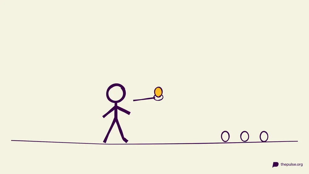 Handgezeichnete Illustration: Läufer bringt das gelbe Ei auf dem Löffel zur Eier-Reihe