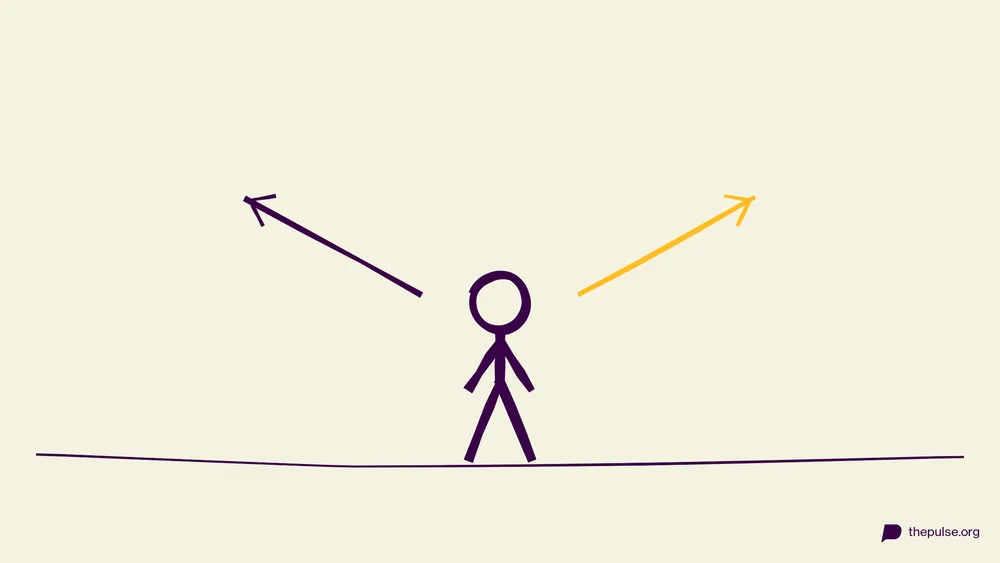 Handgezeichnete Illustration: Weggabelung mit zwei Pfeilen — entweder oder?