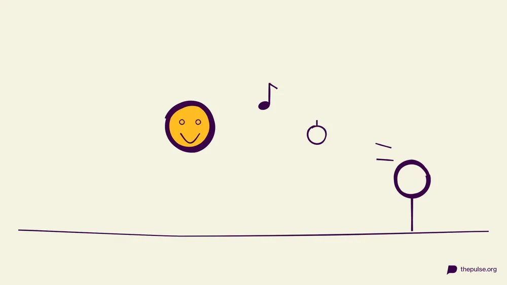 Handgezeichnete Illustration: Gelber Smiley und Noten — welches Weihnachtslied ist gemeint?
