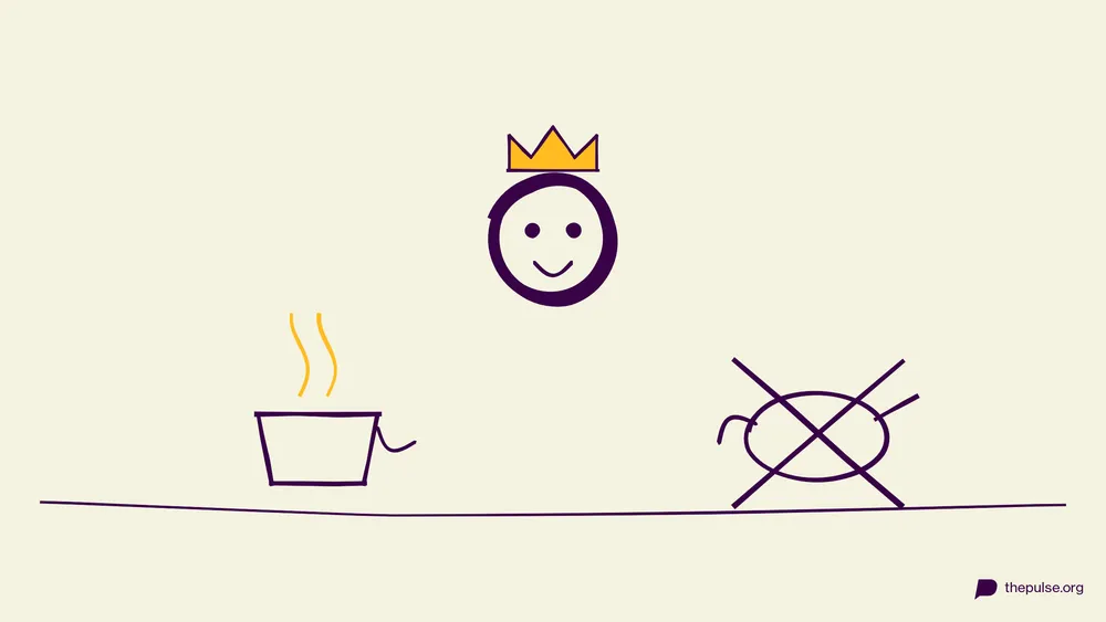Illustration: Gekrönter Kopf zwischen dampfender Tasse und durchgestrichener Kanne