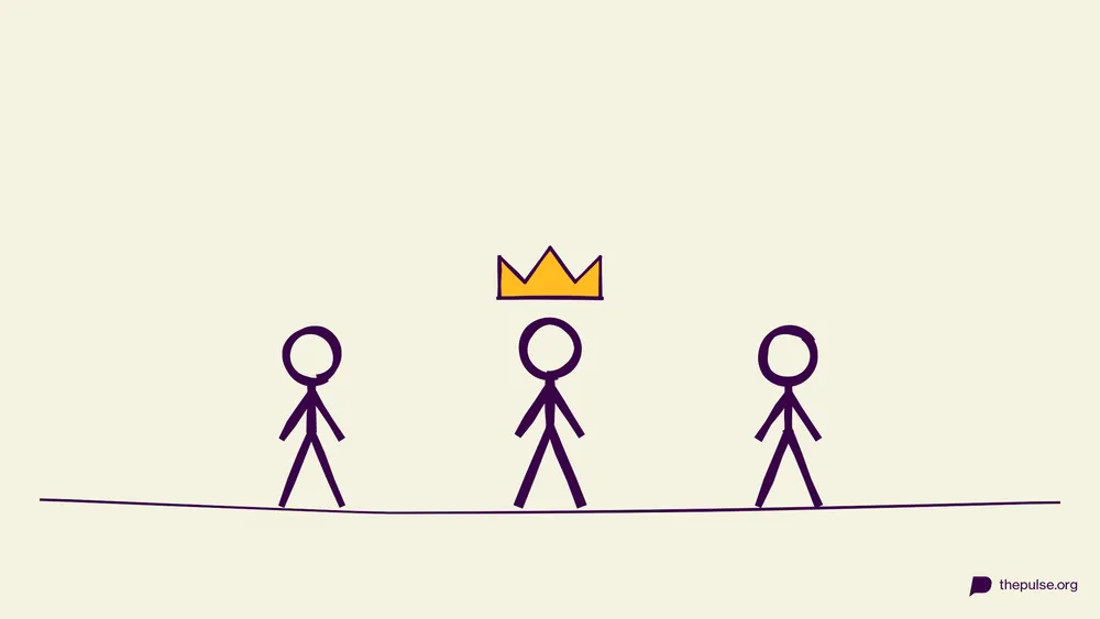 Illustration: Drei Figuren, die mittlere trägt eine gelbe Krone