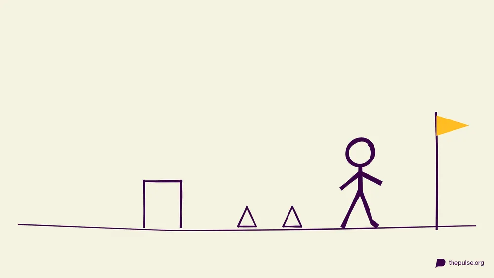 Handgezeichnete Illustration: Hindernisparcours mit Hürde, Kegeln und gelber Zielfahne