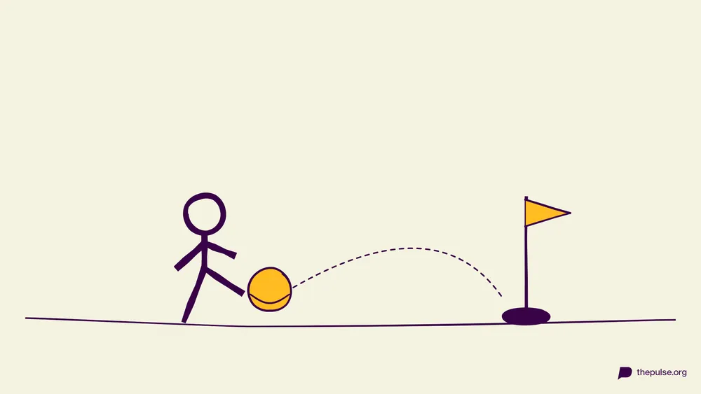 Illustration: Figur kickt den gelben Fußball Richtung Golfloch