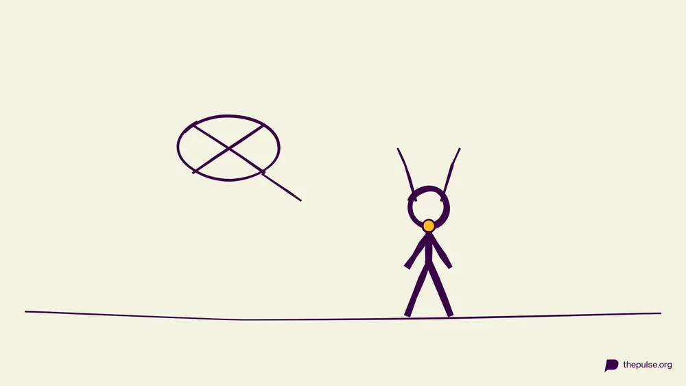 Handgezeichnete Illustration: Durchgestrichene Sprechblase, erwischte Figur trägt Geweih und gelbe Blinknase
