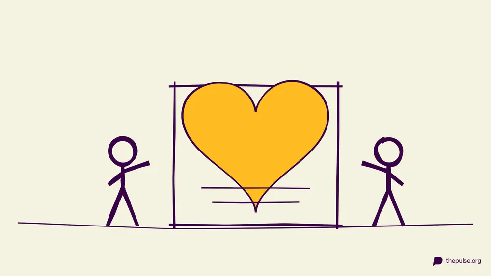 Handgezeichnete Illustration: Team gestaltet eine Riesen-Valentinskarte mit gelbem Herz