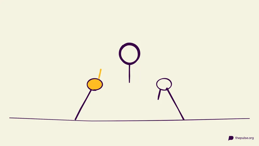 Handgezeichnete Illustration: Daumen hoch in Gelb, Daumen runter in Violett — die Gruppe entscheidet