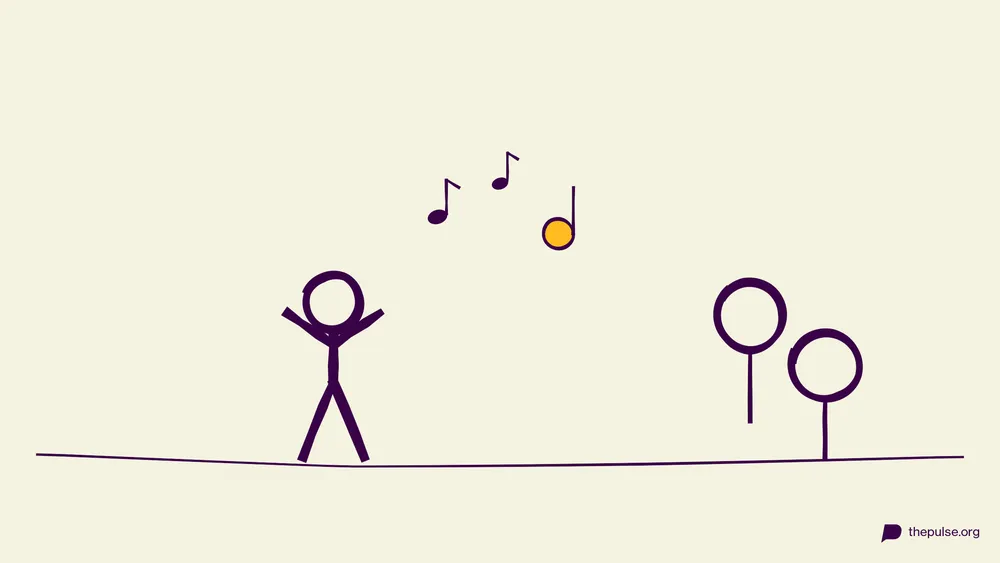 Handgezeichnete Illustration: Figur performt ein Weihnachtslied, gelbe Note fliegt zu den Ratenden